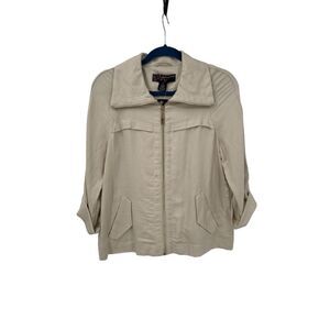 Peck & Peck Linen Blend Full Zip Roll Tab Sleeve Lightweight Jacket Khaki Medium